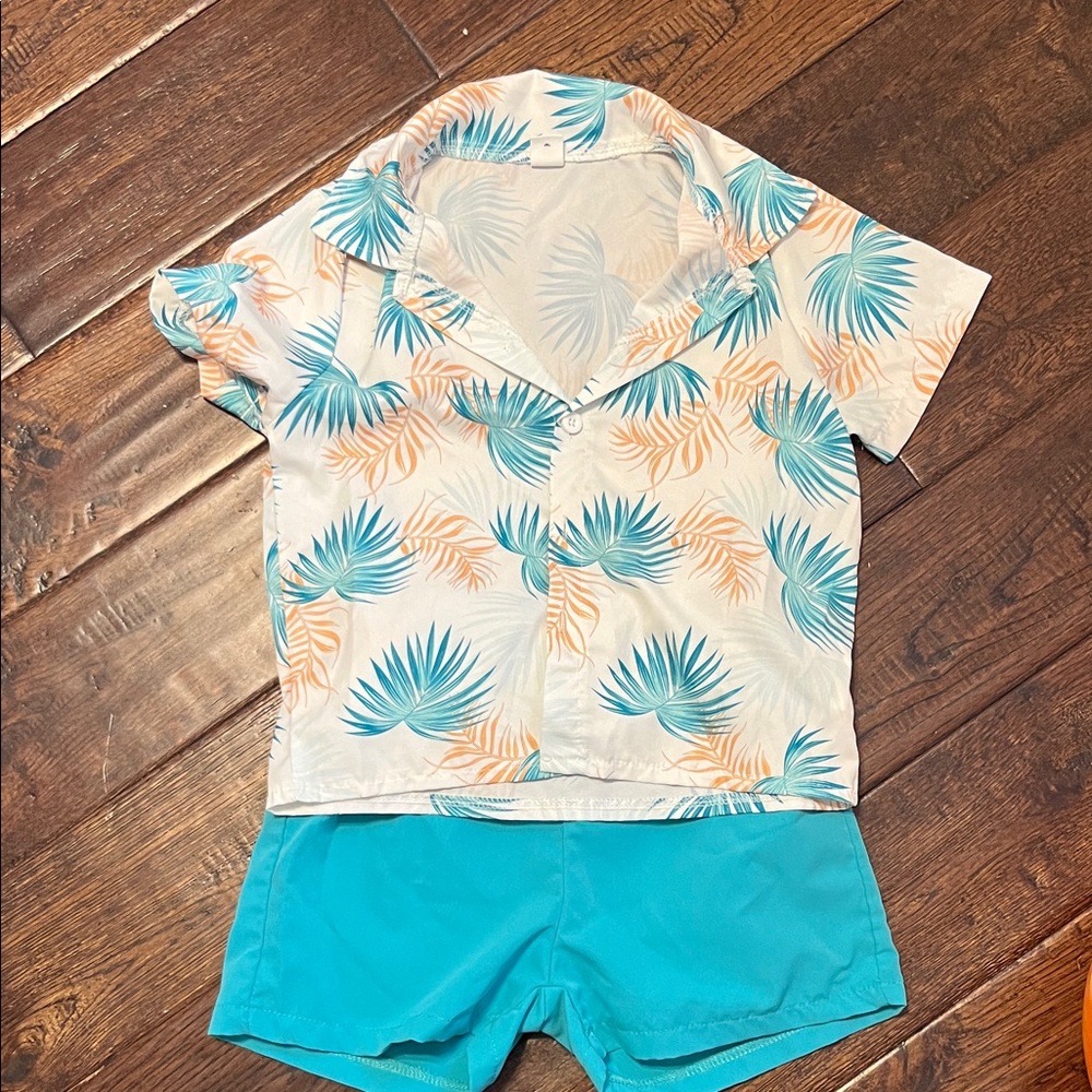 SHEIN White Tropical Palm Print Shirt and Teal Shorts Kids Matching Set